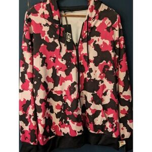 Lightweight Stretchy Hoodie 2xL Pink and Black Lily Floral Zip Up Knit Cuffs Hem